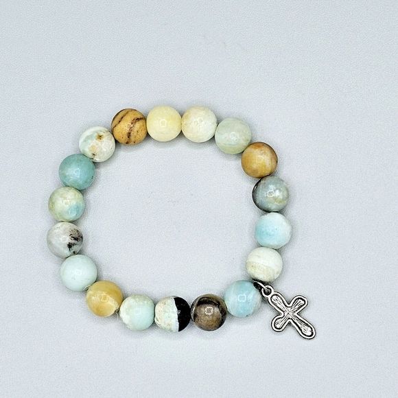 Amazonite Cross Bracelet Natural Stone Silver Tone Religious Spiritual Jewelry - Picture 2 of 6